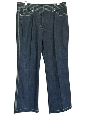 Escada Dark Wash Wide Leg Cropped Jeans Green Stitching Women’s Size 42 (US 12)
